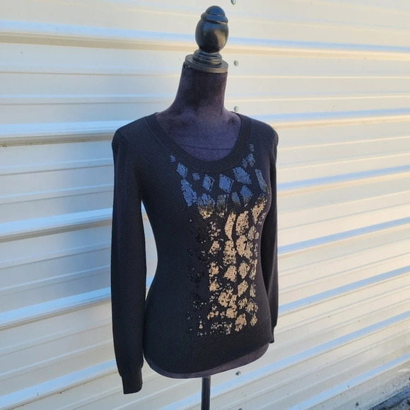 Calvin Klein Women's Black Sequin Embellished Long Sleeve Wool Blend Sweater XS - Picture 4 of 8